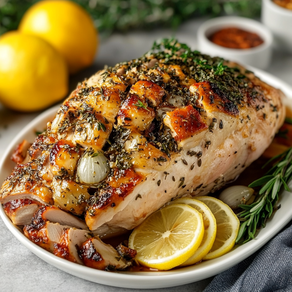 Sliced juicy turkey breast with golden-brown skin, garnished with fresh rosemary and thyme on a serving platter.