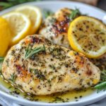 Juicy lemon and herb chicken breasts garnished with fresh rosemary and lemon slices, served on a white plate.