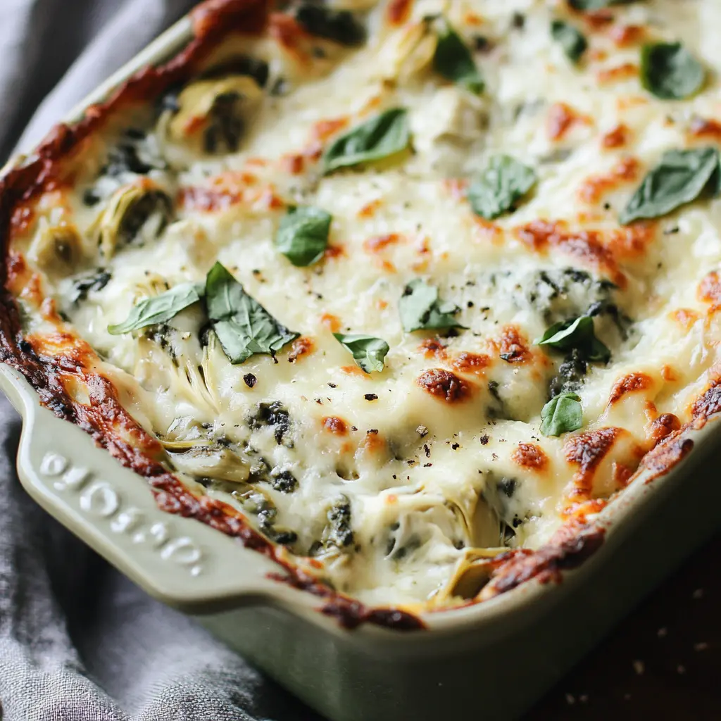 Hot spinach artichoke dip baked with golden cheese and served with chips