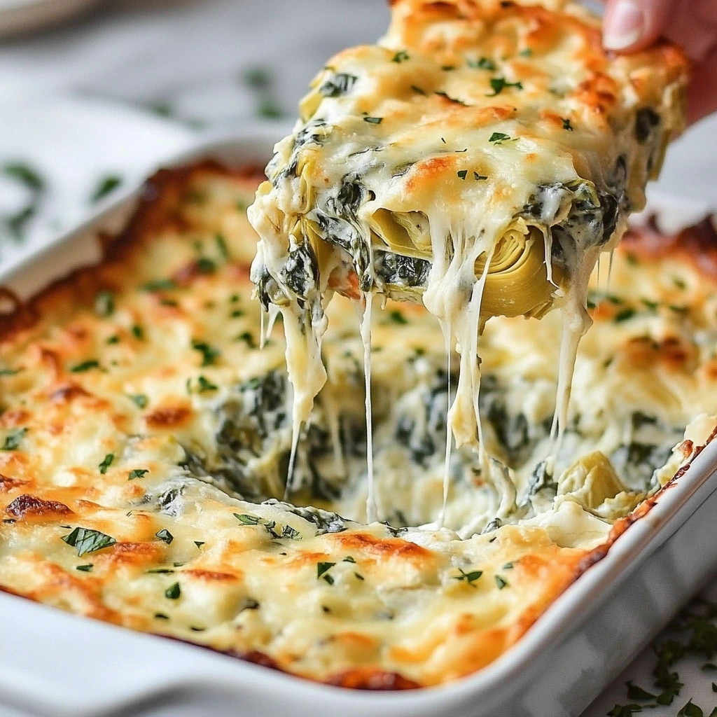 Cheesy hot spinach artichoke dip being scooped from a baking dish with melted cheese strings