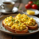 Fluffy scrambled eggs on crispy whole-grain toast, garnished with fresh herbs on a rustic wooden table.