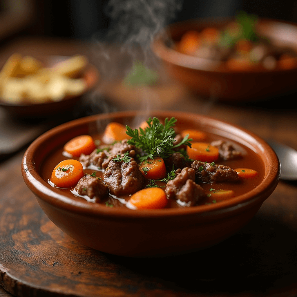 A steaming bowl of homemade beef stew with tender chunks of beef, sliced carrots, and a rich broth, garnished with fresh parsley, served in a rustic ceramic bowl.