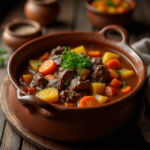 A hearty bowl of homemade beef stew with tender beef, carrots, potatoes, and peas in a rich brown broth, garnished with fresh rosemary and thyme.