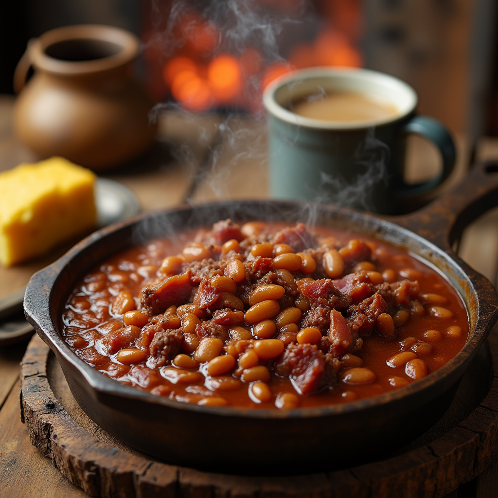 A hearty bowl of classic cowboy beans, slow-cooked with ground beef, smoky bacon, and a rich, tangy sauce, served in a cast-iron skillet with a side of cornbread.