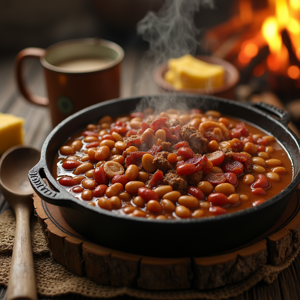 A cast-iron skillet filled with classic cowboy beans, slow-cooked with smoky bacon, ground beef, and a tangy, flavorful sauce, served with cornbread on a rustic wooden table.