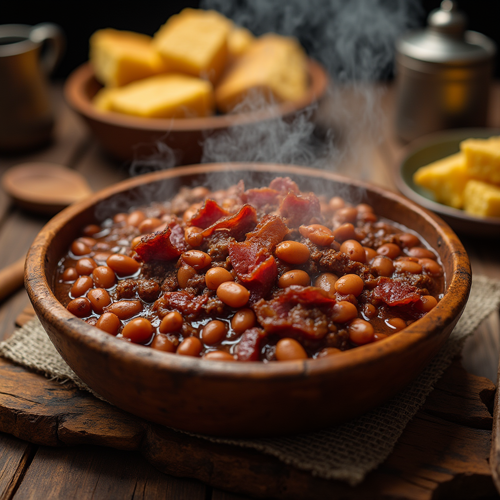 A rustic cast-iron skillet filled with hearty cowboy beans, slow-cooked with ground beef, smoky bacon, and a rich, tangy sauce, served with cornbread on a wooden table.