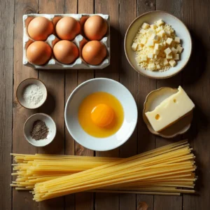 Ingredients for classic spaghetti carbonara recipe arranged flat-lay style