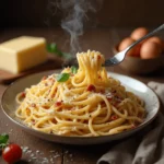 Classic spaghetti carbonara in a bowl with guanciale and Pecorino Romano