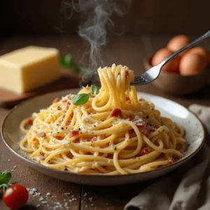 Classic spaghetti carbonara in a bowl with guanciale and Pecorino Romano