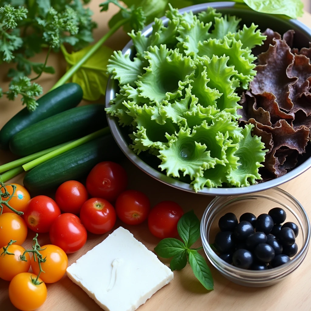 Ingredients for Italian green salad including romaine lettuce, cherry tomatoes, cucumbers, red onions, olive oil, red wine vinegar, and parmesan cheese