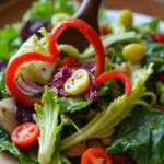 Bowl of Italian green salad with romaine lettuce, cherry tomatoes, red onions, and parmesan, topped with a light vinaigrette