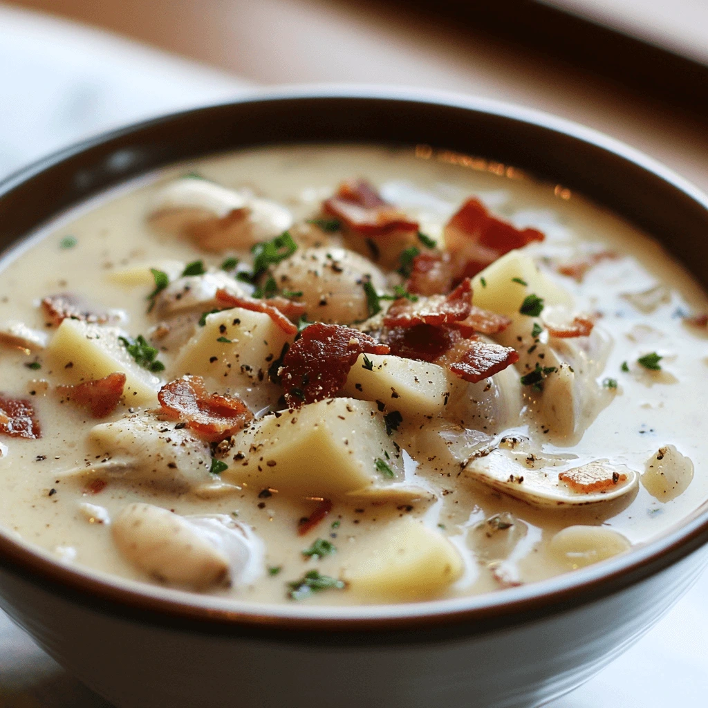 A bowl of creamy New England Clam Chowder with tender clams, diced potatoes, and crispy bacon, garnished with fresh parsley and served with oyster crackers.