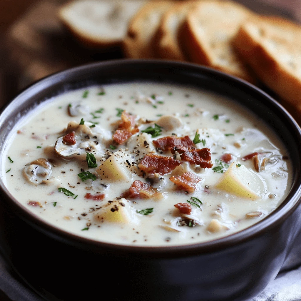 A steaming bowl of homemade New England Clam Chowder, featuring a creamy white broth, tender clams, crispy bacon, diced potatoes, and fresh parsley garnish.