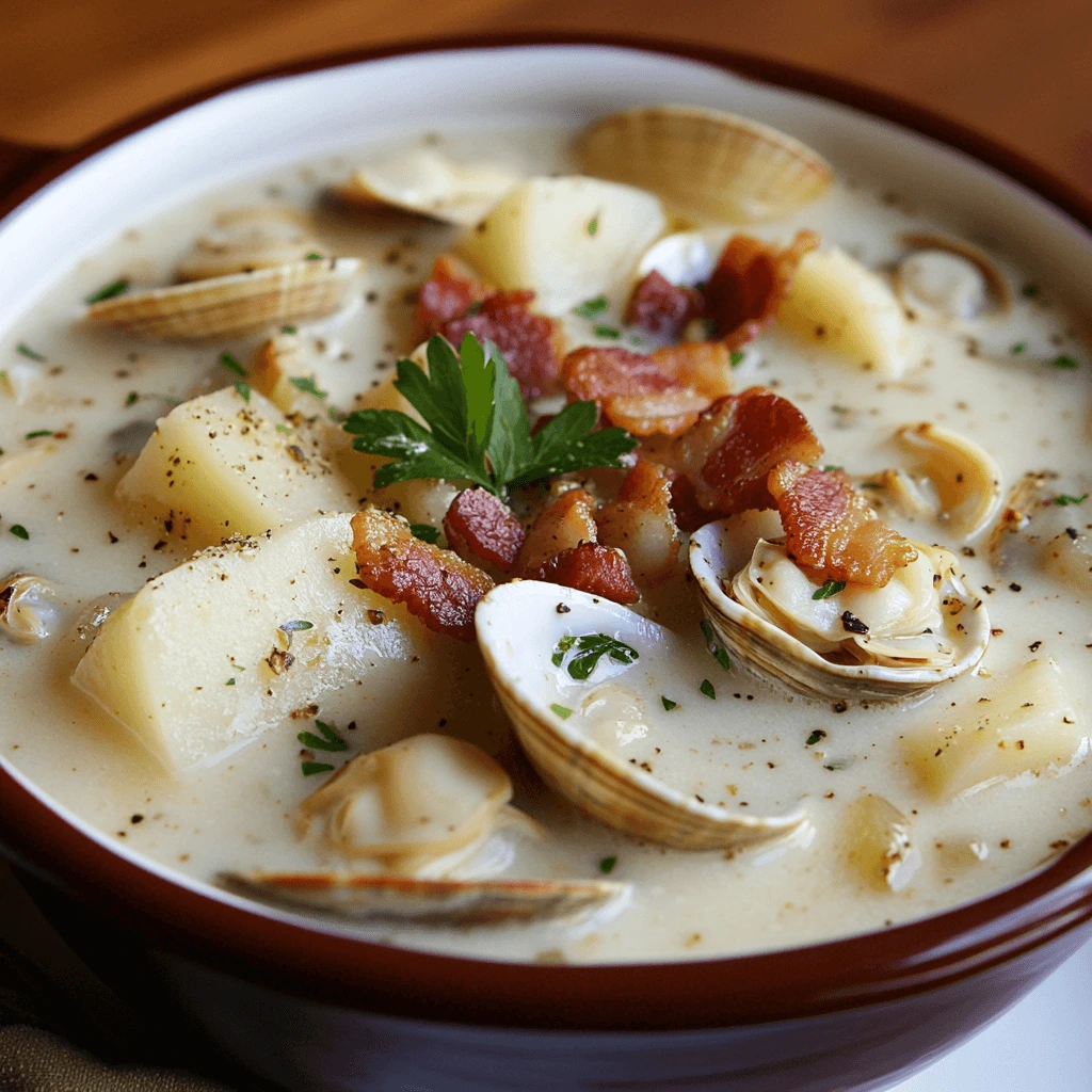 A bowl of creamy New England Clam Chowder, filled with tender clams, crispy bacon, and diced potatoes, garnished with fresh parsley and served with oyster crackers.