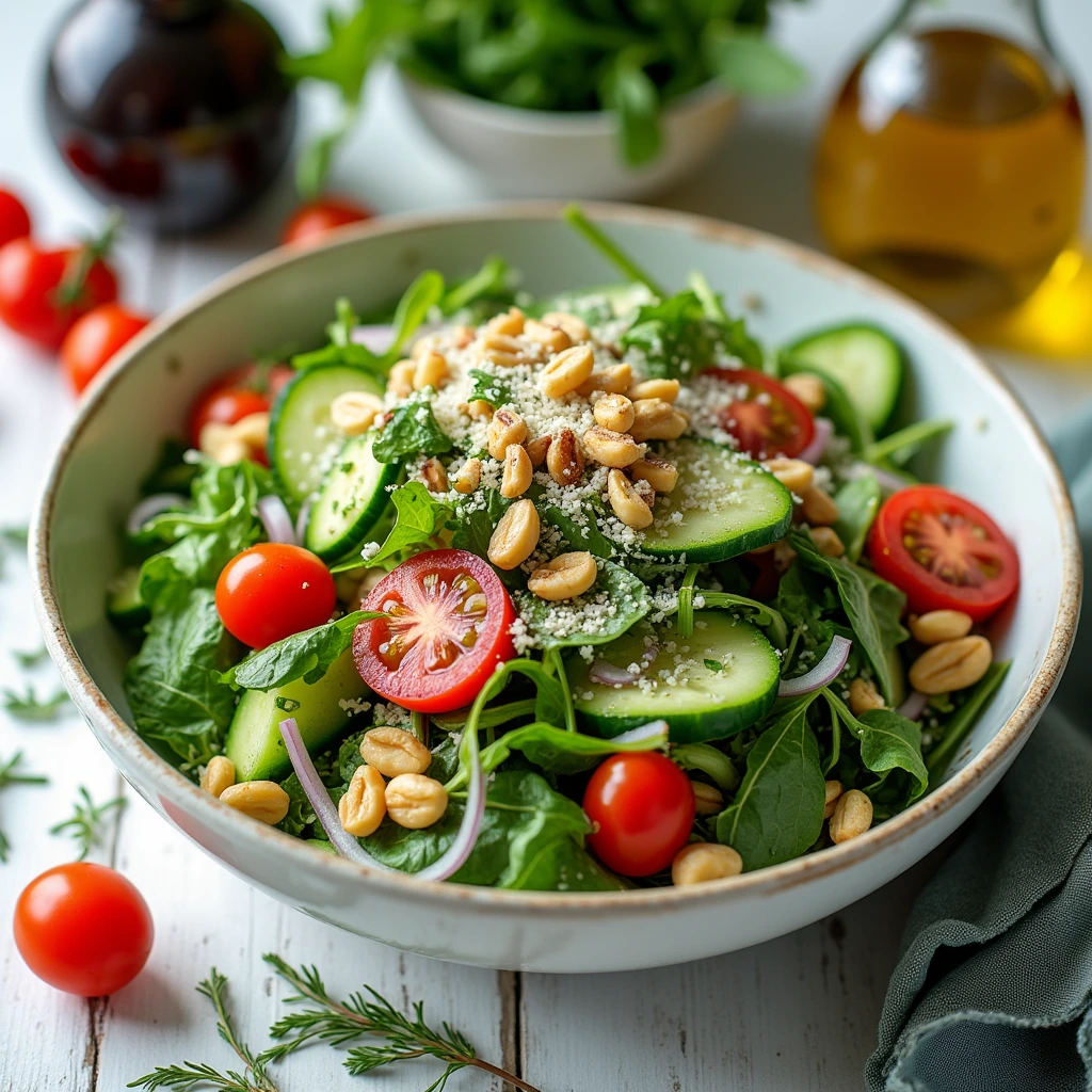 "A vibrant Italian green salad with fresh leafy greens, cherry tomatoes, cucumbers, red onions, shaved Parmesan, and toasted pine nuts, drizzled with homemade Italian dressing."