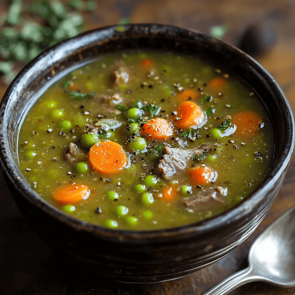 A steaming bowl of split pea soup with chunks of ham, carrots, and celery, served with crusty bread.