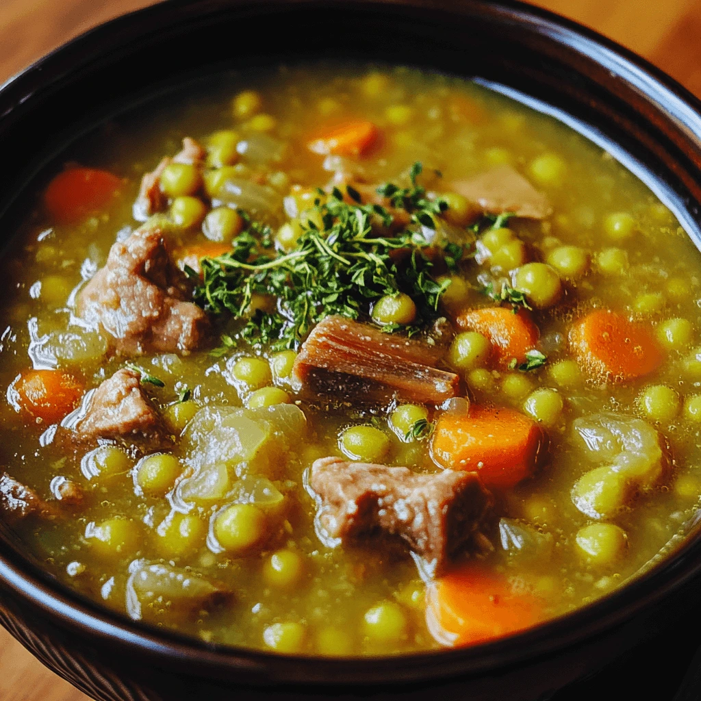 A bowl of hearty split pea soup with carrots, celery, and ham, garnished with fresh herbs.