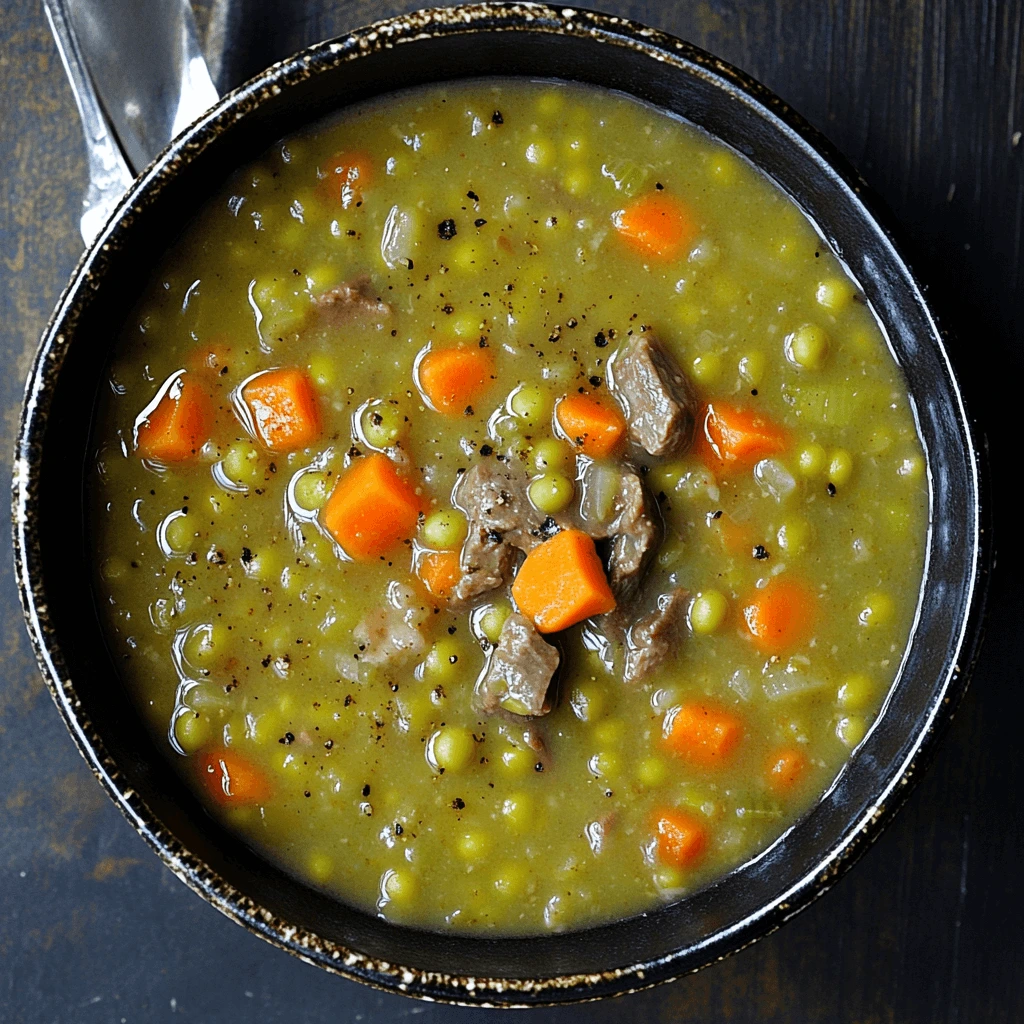 A bowl of creamy split pea soup garnished with fresh herbs, served with a side of crusty bread.