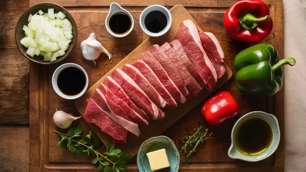 Fresh ingredients for shaved beef steak recipe including sliced beef, peppers, onions, sauces, garlic, and herbs.