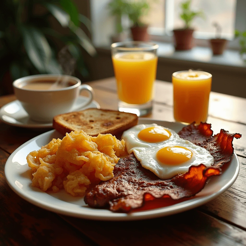 A hearty breakfast plate featuring crispy beef bacon, sunny-side-up eggs, golden-brown hash browns, and buttered sourdough toast, served with a cup of coffee and orange juice on a rustic wooden table.