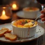 A gourmet crab brûlée served in a white ramekin, featuring a golden caramelized sugar crust over a rich, savory custard infused with fresh crab meat, garnished with herbs, and accompanied by toasted crostini.