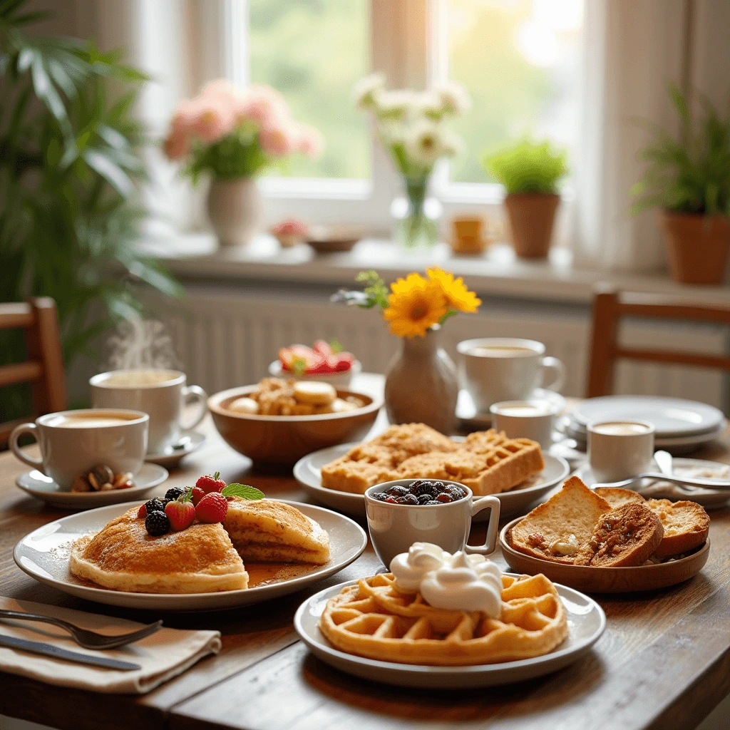 A cozy breakfast table set with fluffy pancakes topped with fresh berries, golden waffles with whipped cream, French toast, granola, and steaming cups of coffee, bathed in warm morning sunlight.