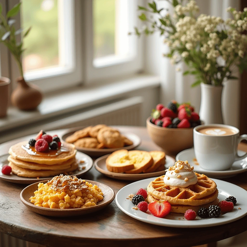 A beautifully arranged breakfast table featuring fluffy pancakes with syrup and berries, golden waffles with whipped cream, scrambled eggs, French toast, and a steaming cup of coffee, set near a sunlit window with fresh flowers.