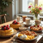 A beautifully arranged breakfast table featuring fluffy pancakes with syrup and berries, golden waffles, scrambled eggs, coffee, and a bowl of granola, set in a cozy, sunlit kitchen.