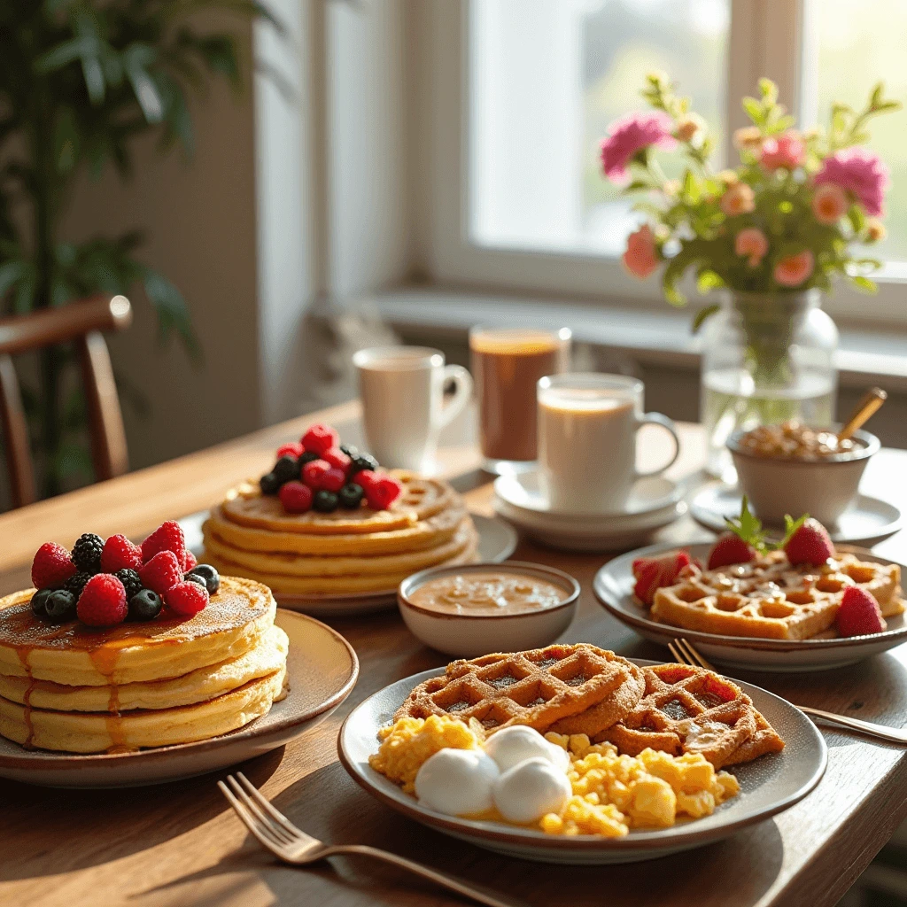 A beautifully arranged breakfast table featuring fluffy pancakes with syrup and berries, golden waffles, scrambled eggs, coffee, and a bowl of granola, set in a cozy, sunlit kitchen.