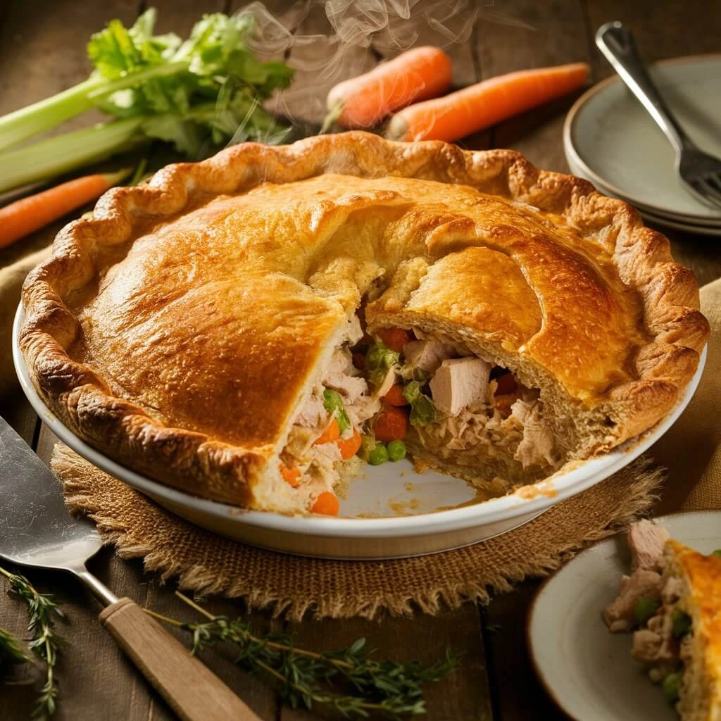 Freshly baked homemade turkey pot pie with a golden, flaky crust, filled with creamy turkey and vegetables, served in a rustic pie dish.