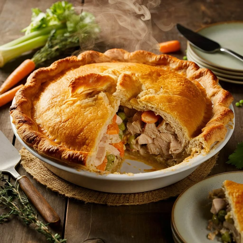 Freshly baked turkey pot pie with a golden, flaky crust, filled with tender turkey, peas, carrots, and a creamy herb-infused sauce.