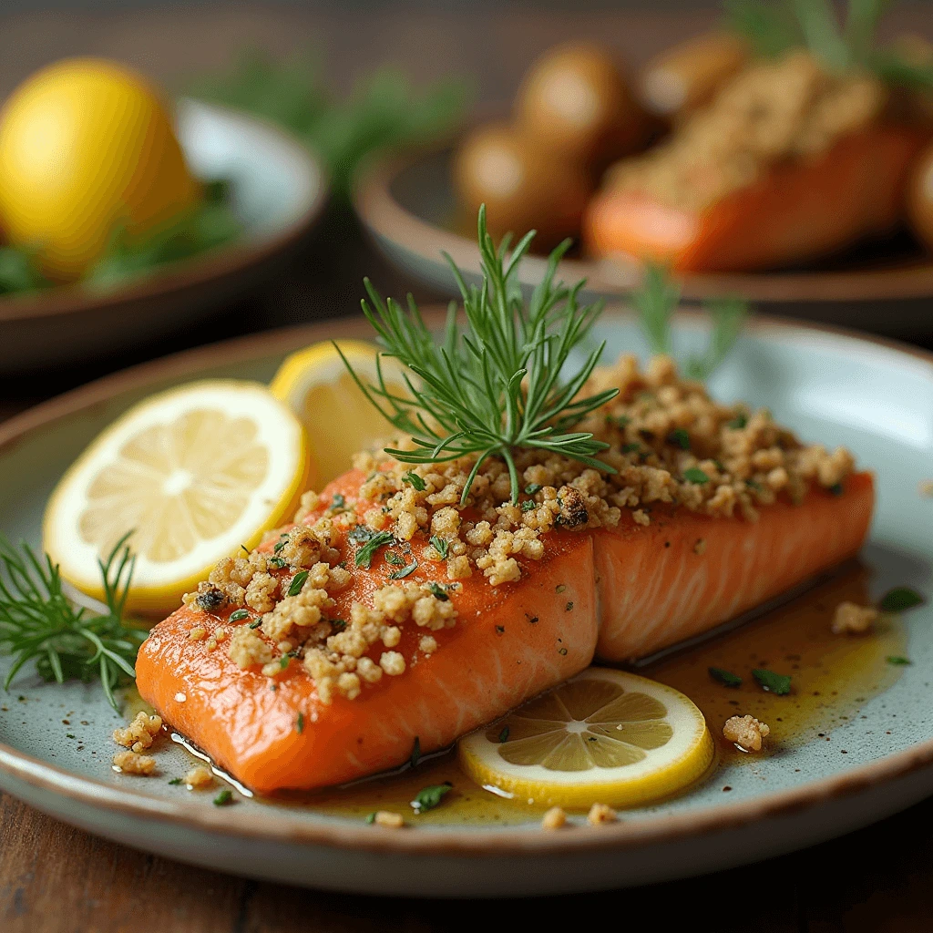 "Golden-brown walnut crusted salmon fillet garnished with fresh rosemary and lemon slices, served on a rustic plate with a side of roasted vegetables."