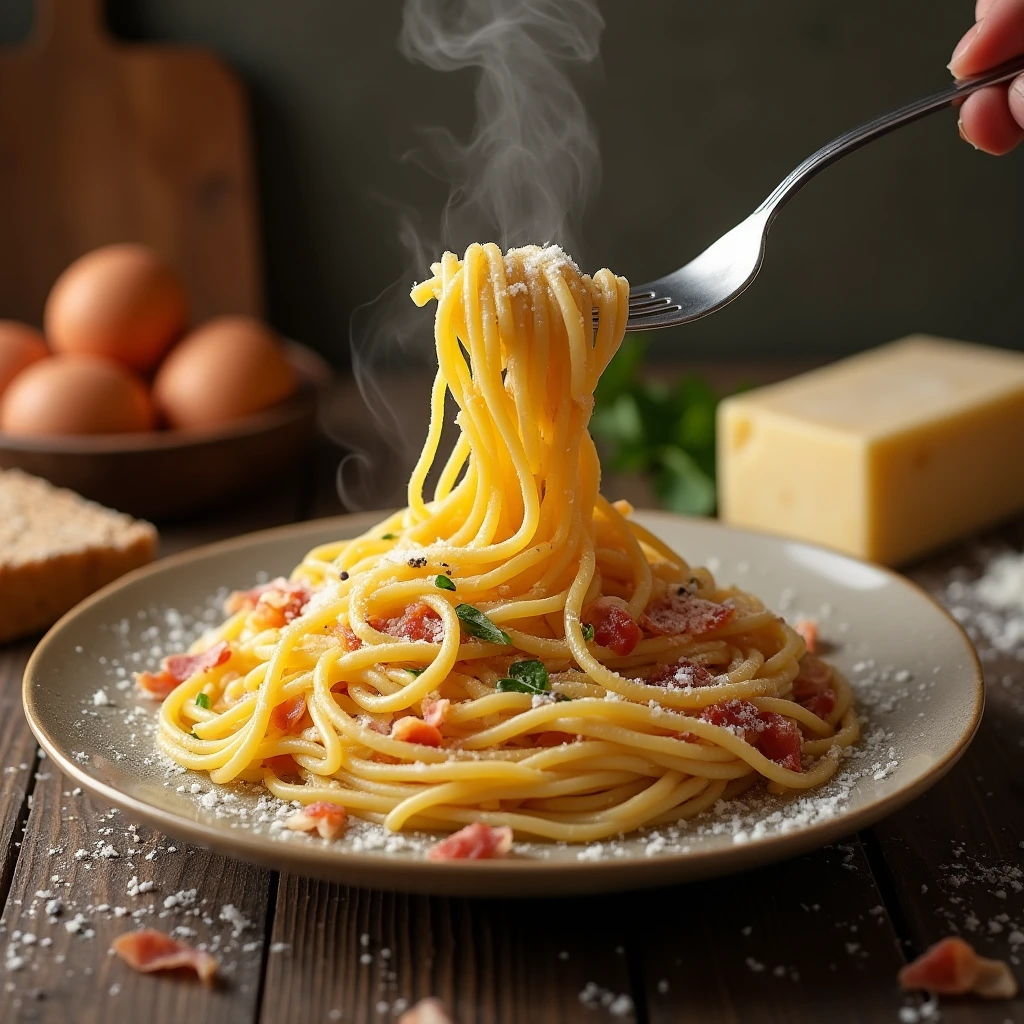 A plate of classic Spaghetti Carbonara with creamy egg-based sauce, crispy guanciale, and Pecorino Romano cheese, garnished with black pepper.