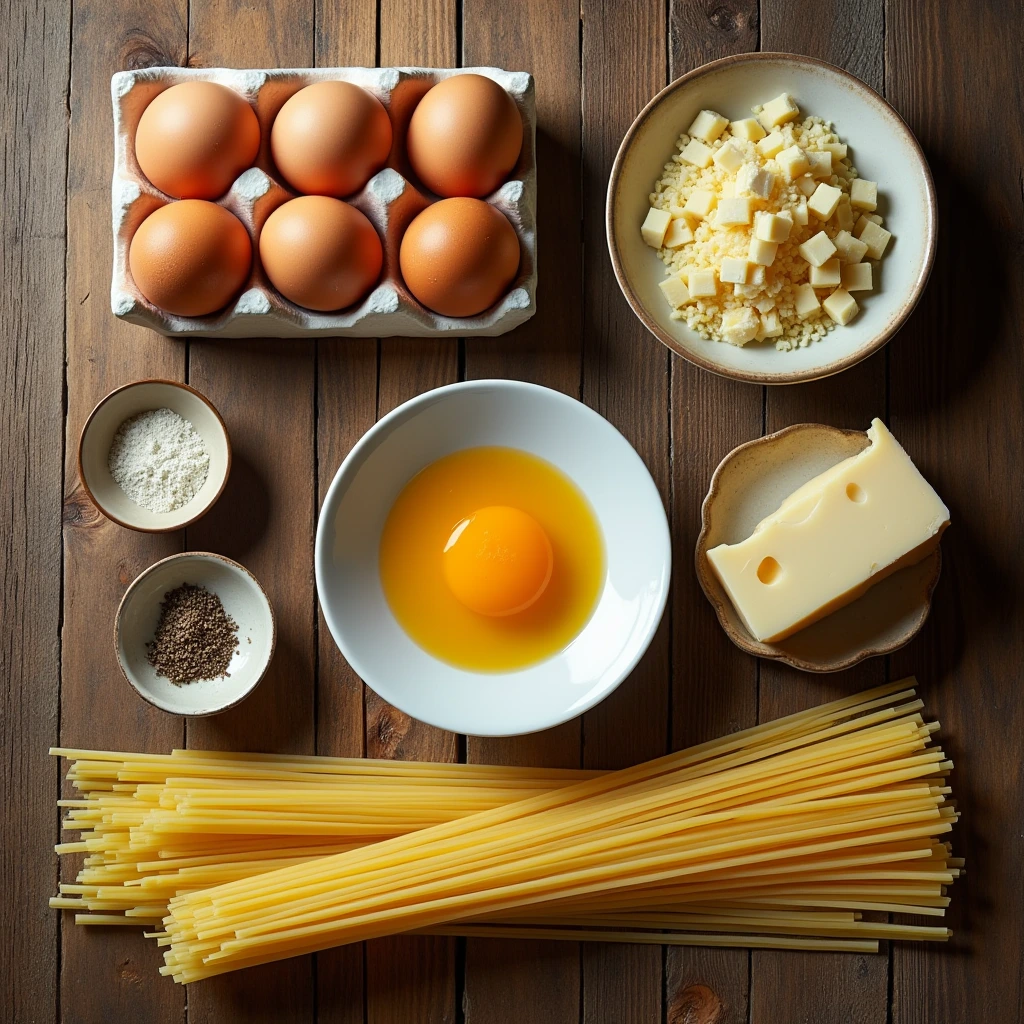 Fresh ingredients for classic Spaghetti Carbonara, including guanciale, eggs, Pecorino Romano cheese, black pepper, and dried spaghetti on a rustic surface.