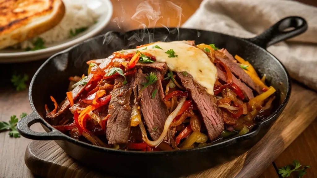 Cooked shaved beef steak with onions and peppers in a skillet, topped with melted cheese and garnished with parsley.