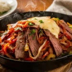 Cooked shaved beef steak with onions and peppers in a skillet, topped with melted cheese and garnished with parsley.