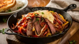 Cooked shaved beef steak with onions and peppers in a skillet, topped with melted cheese and garnished with parsley.