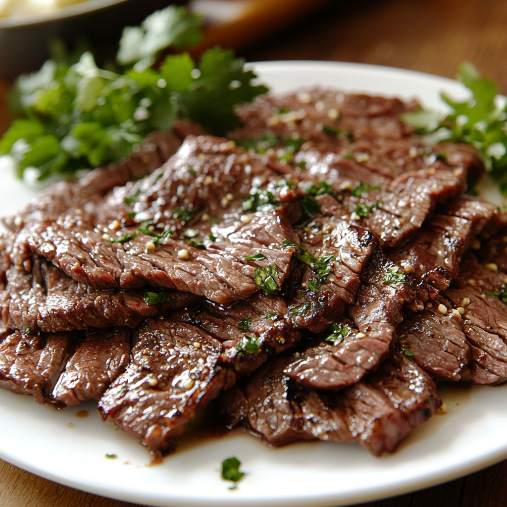 Thinly sliced shaved beef steak seared in a skillet, served with sautéed onions and peppers, ready for Philly cheesesteaks or stir-fries