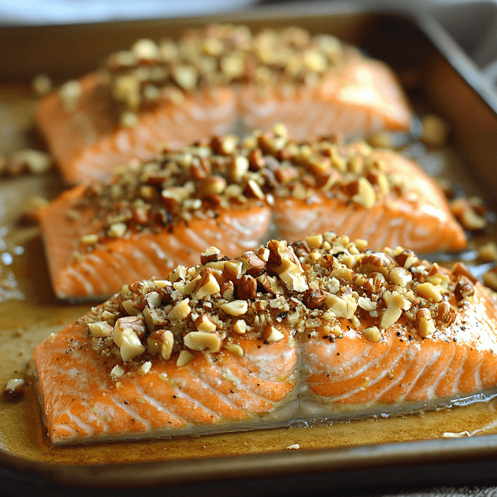 "Crispy walnut crusted salmon fillet topped with fresh rosemary and lemon slices, served on a rustic plate with roasted vegetables."