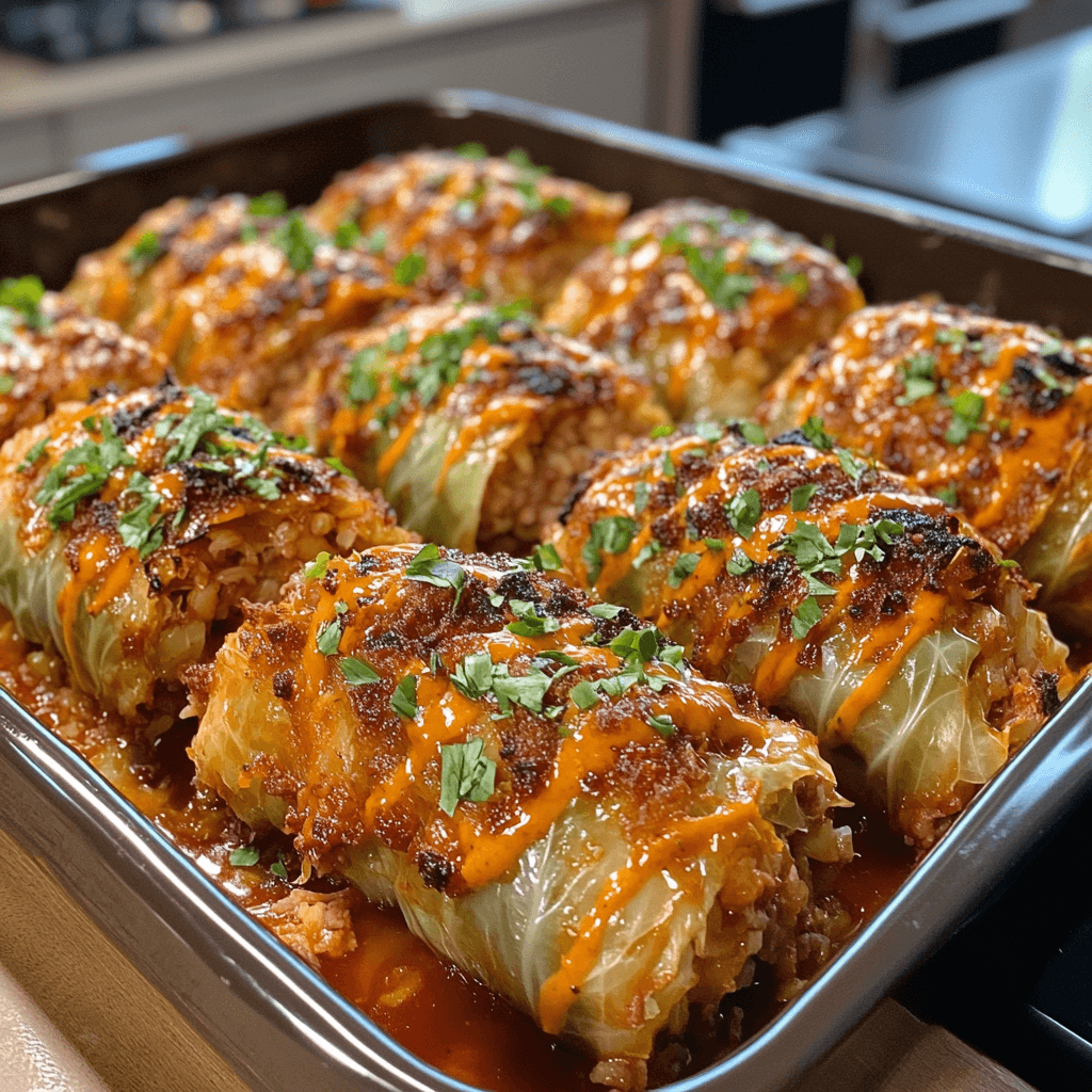 Delicious homemade stuffed cabbage rolls covered in rich tomato sauce, garnished with fresh parsley, and served in a rustic ceramic dish.