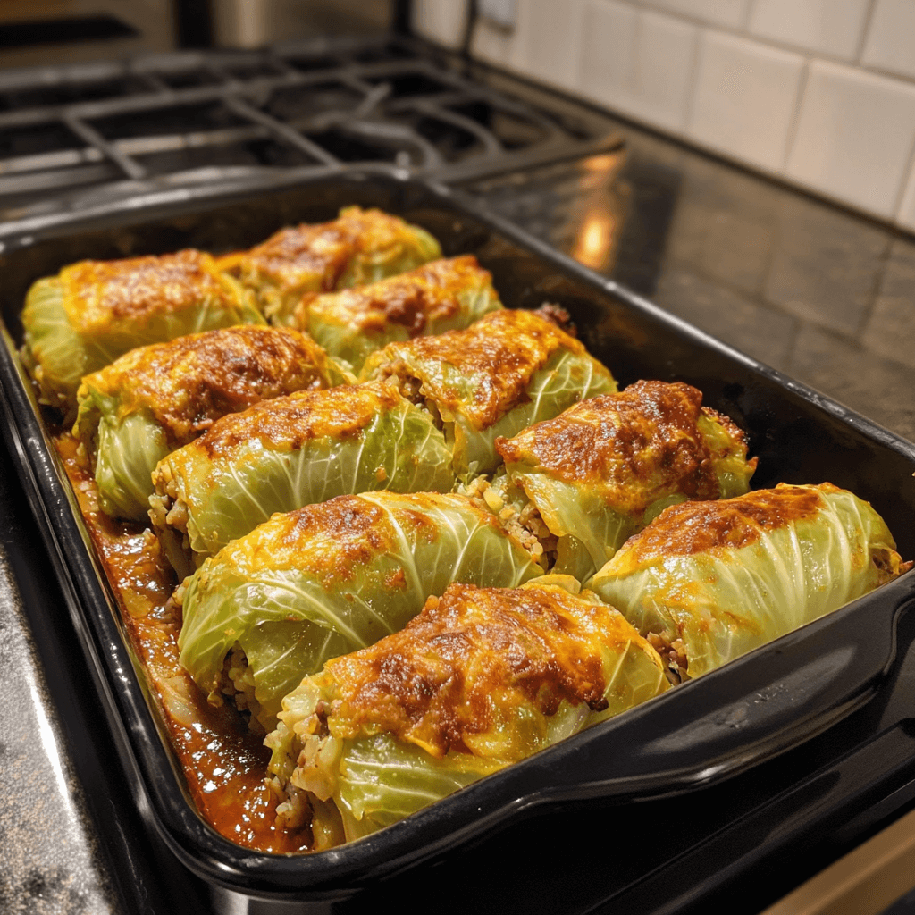 Homemade stuffed cabbage rolls covered in rich tomato sauce, garnished with fresh parsley, and served in a rustic ceramic dish on a wooden table.