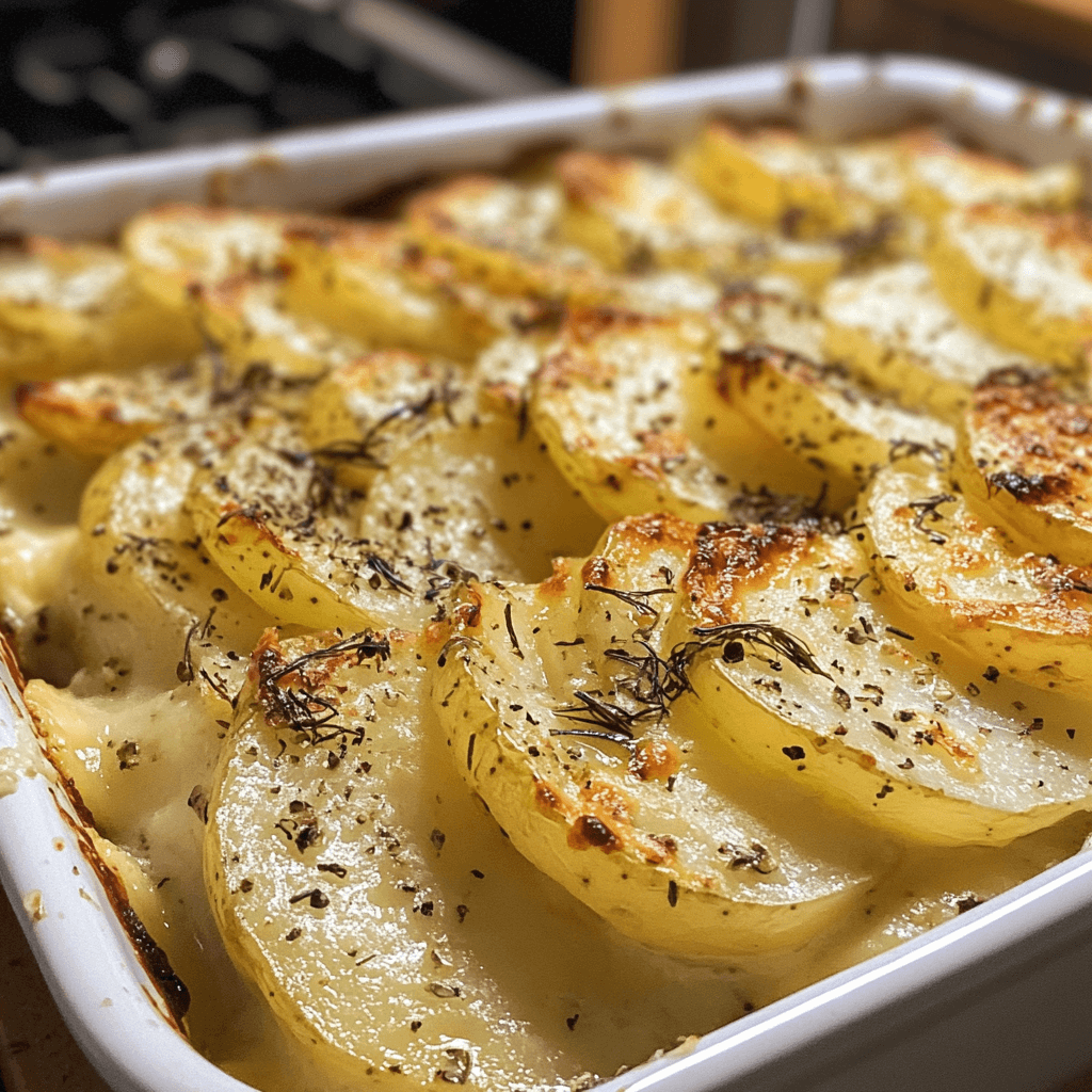 Golden-brown fennel and potato gratin in a white baking dish, with melted cheese and fresh thyme on top, served on a rustic wooden table.