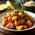 Delicious Chicken Pineapple Recipe with tender chicken, sweet pineapple chunks, and a savory sauce, served with rice and garnished with green onions.
