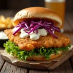 A crispy fish sandwich with golden fried fish fillet, fresh lettuce, red cabbage slaw, and homemade tartar sauce on a toasted brioche bun.