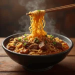 A bowl of Mongolian Beef Noodles with tender beef, chewy noodles, and a rich, glossy sauce, garnished with green onions and sesame seeds.