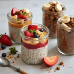 A bowl of creamy oatmeal topped with chia seeds, a drizzle of golden honey, and fresh fruits like blueberries and banana slices, served on a rustic wooden table.