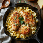 A skillet filled with one-pan chicken with buttered noodles, topped with fresh parsley and Parmesan cheese, served in a creamy garlic-butter sauce.