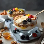 A bowl of Greek yogurt topped with fresh berries, crunchy nuts, and a drizzle of honey, served on a rustic wooden table.
