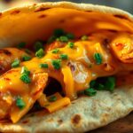 A close-up of cheesy garlic chicken wraps, golden-brown and filled with melted cheese, juicy chicken, and fresh herbs, served on a wooden plate.