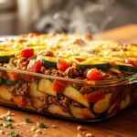 A freshly baked Easy Zucchini Ground Beef Casserole in a white ceramic dish, topped with melted cheese and garnished with fresh parsley.